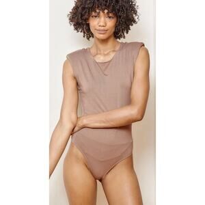 Lulus Women’s Taupe Sleeveless Padded Shoulder Bodysuit Fitted Waist Stretch Sm